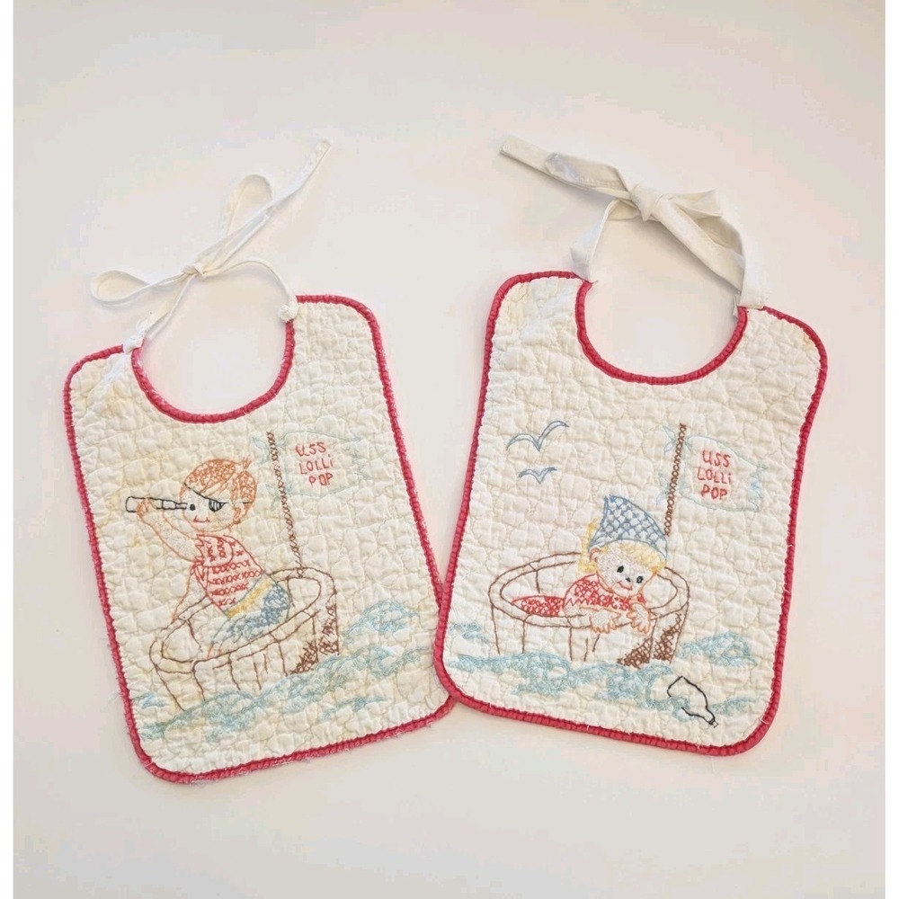Pair Vintage Cross Stitch Quilted Baby Bibs USS lollipop Boat Sail Handmade